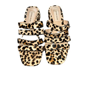 Antonio Melani Leopard fur Slides Womens SZ 8M Leather Sole 1.5 Inch Block Heel